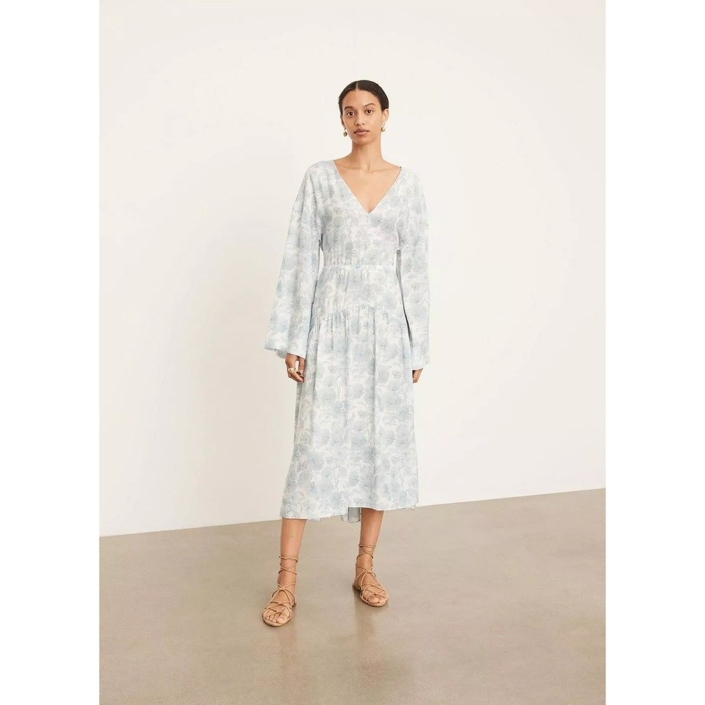Vince Dahlia Long Sleeve Blue White Floral Print V-Neck Midi‎ Dress Size M NWT